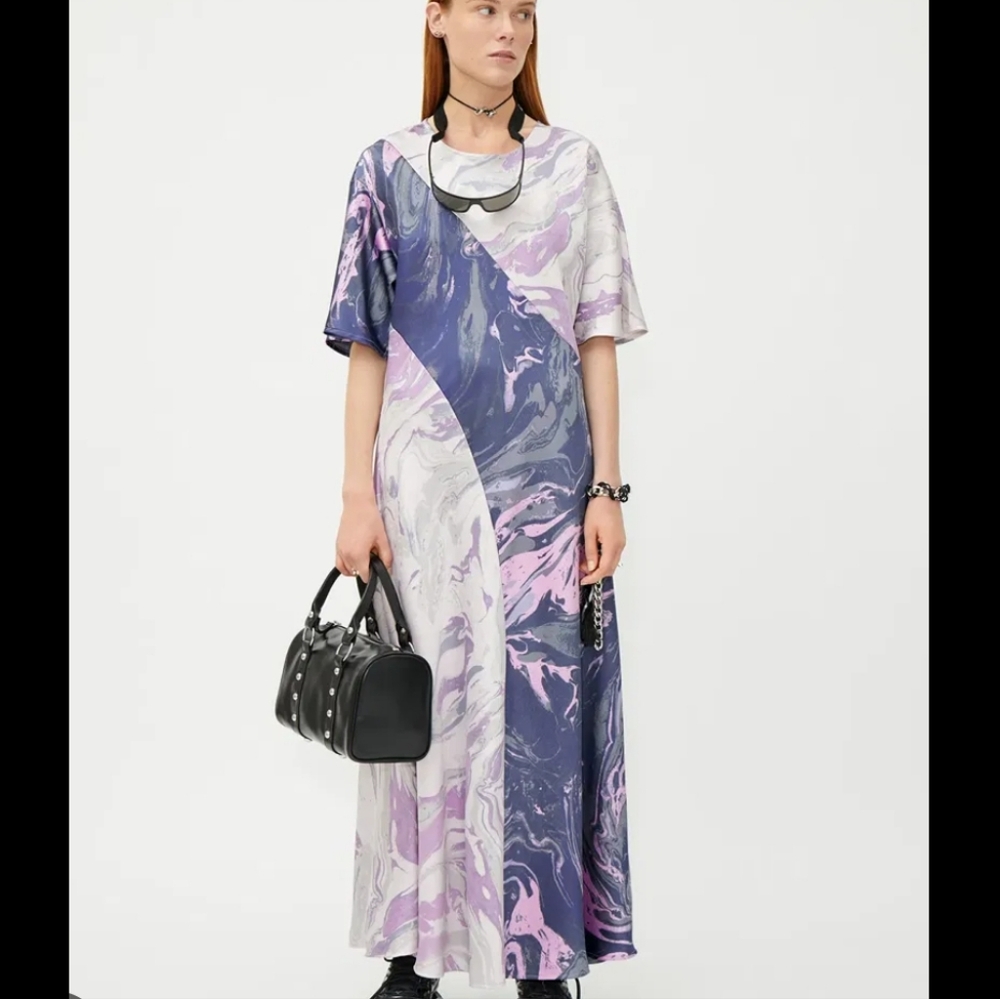 NWT WEEKDAY Tea Bias Cut paint swirl print satin gray Lavender maxi dress 36